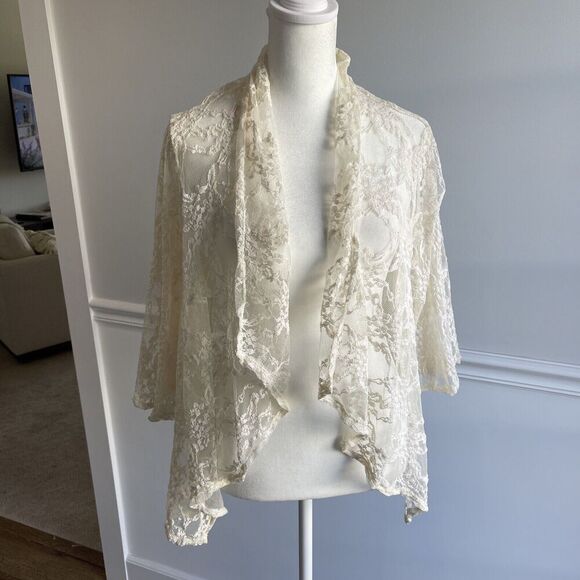 XXI Lace Cardigan Ivory Mesh Sheer 3/4 Sleeve Dainty Fairy Whimsy Bridal Event - Picture 1 of 11